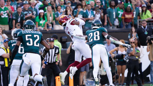 Washington Commanders wide receiver Jahan Dotson (1) makes a touchdown catch past Philadelphia Eagles cornerback Josh Jobe (28) during the fourth quarter at Lincoln Financial Field.